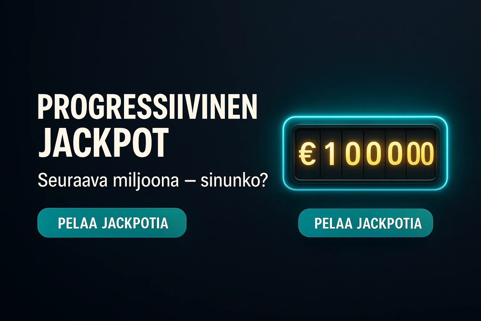 Suomenkielinen progressiivinen jackpot -mainosbanneri, 1 000 000 € laskuri ja CTA-painike