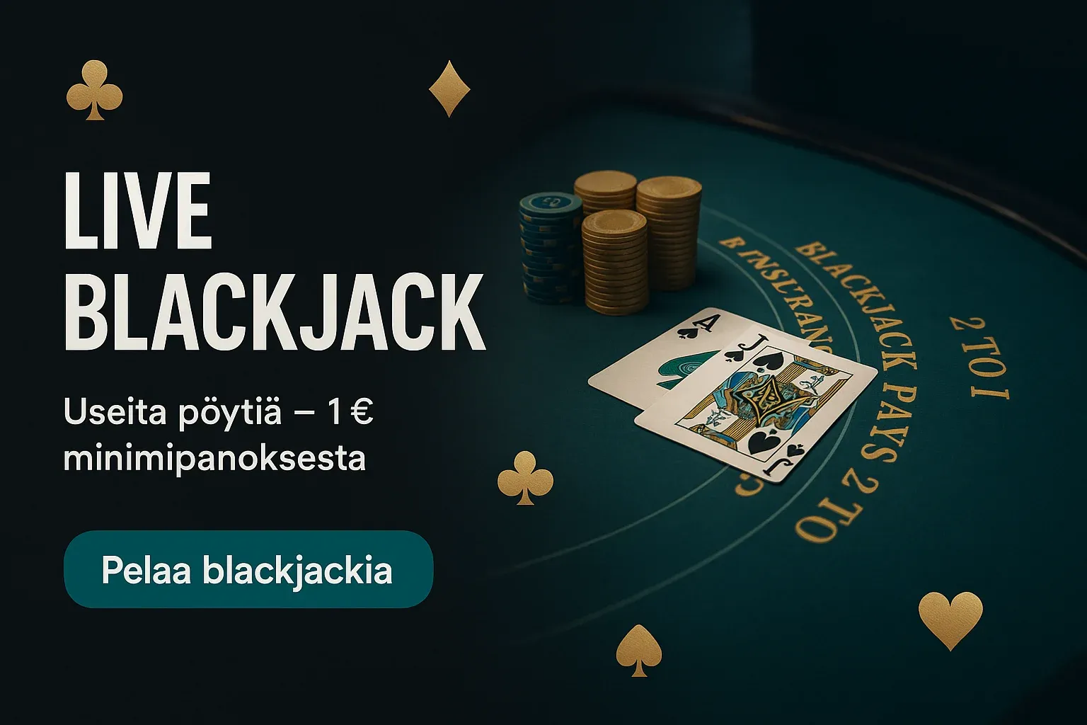 Suomenkielinen live blackjack -mainosbanneri, tumma premium-tausta, CTA-painike