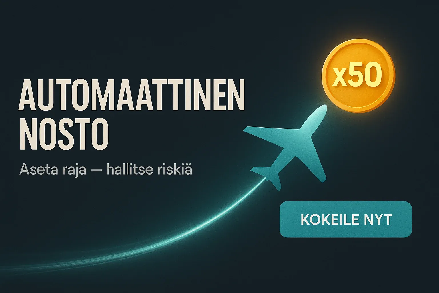 Suomenkielinen kasinomainosbanneri, tumma premium-tausta, x50-merkki ja Kokeile nyt -painike